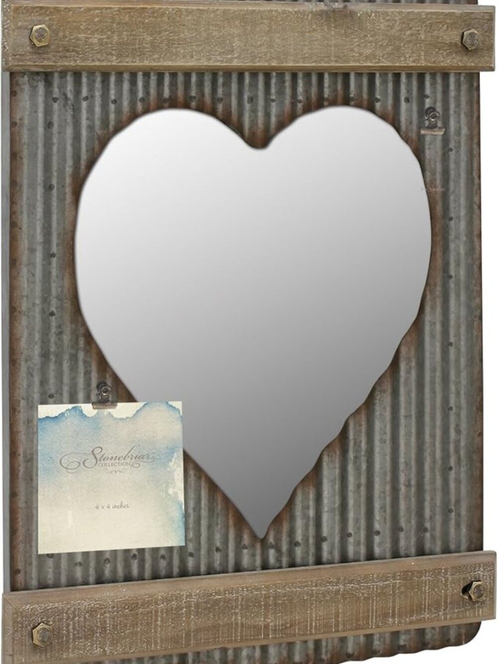 Stonebriar Corrugated Metal & Wood Heart Shaped Mirror w/Attached Wall Hanger-BN